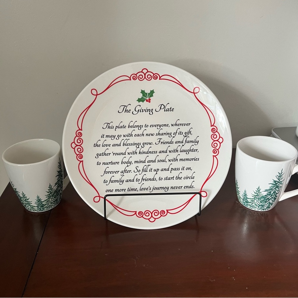 Global Design Connections “The Giving Plate” &  2 Royal Norfolk Tree Coffee Mugs
